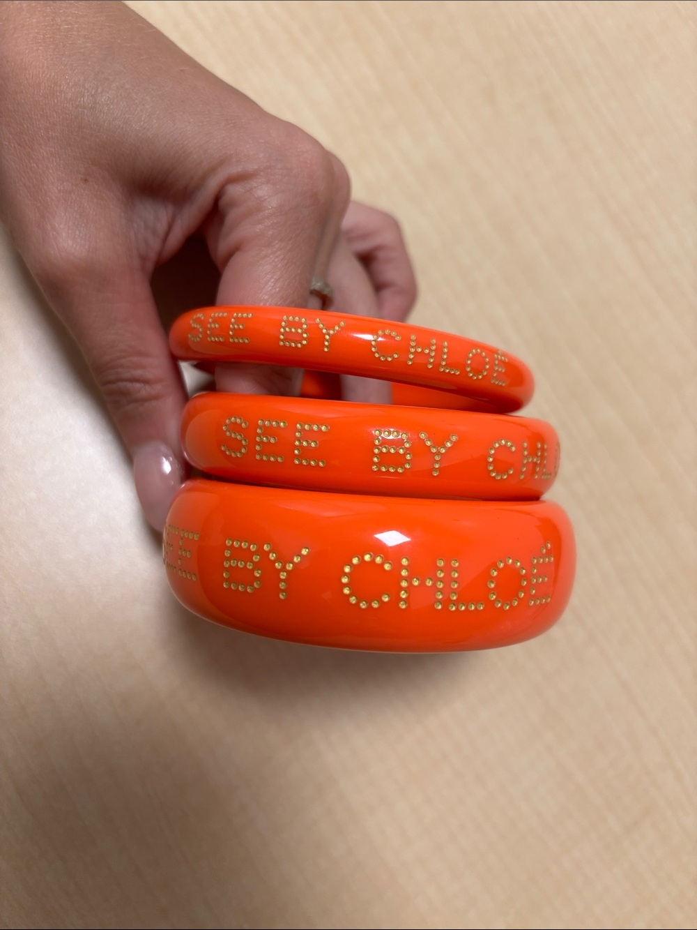 See By Chloe Orange Resin Logo Bangle Set with Gold Studs